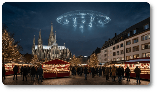 Aliens greifen den Kölner Weihnachtsmarkt an.